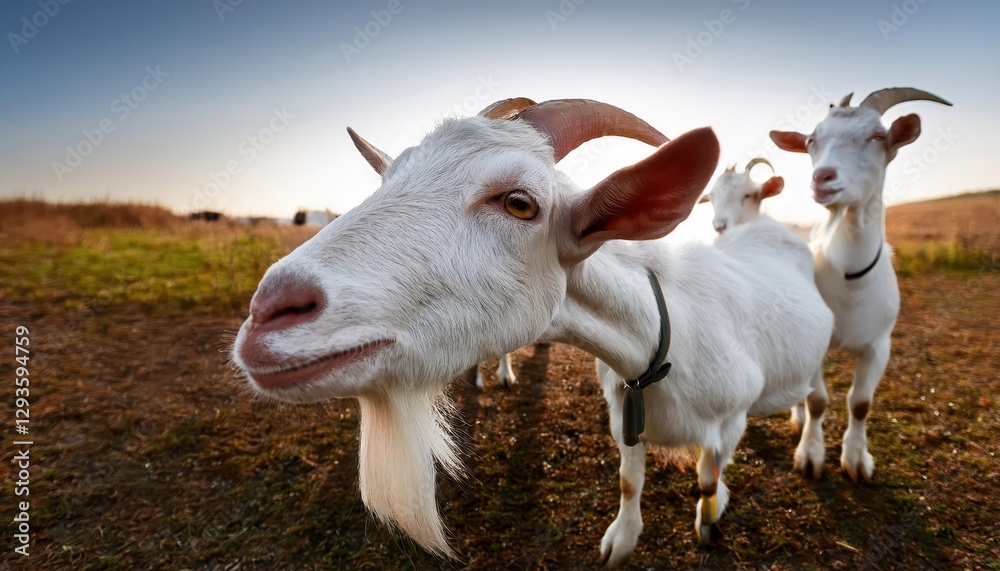 Playful Goats Bring Joy in a Peaceful Farm Setting, Draped in Soft Golden Light and Grazing amongst Rustic Textures at Sunset. Playful Goats Bring Joy in a Peaceful Farm Setting, Draped in Soft Golden Light and Grazing amongst Rustic Textures at Sunset.