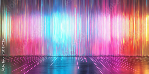A high-tech abstract background featuring endless streams of cascading holographic light, forming an intricate web of digital reflections. The luminous neon gradients and cybernetic elegance create a