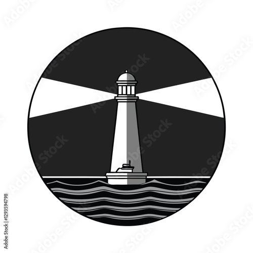 Monochrome Lighthouse Beacon Night Sea Ocean Waves Guide Light