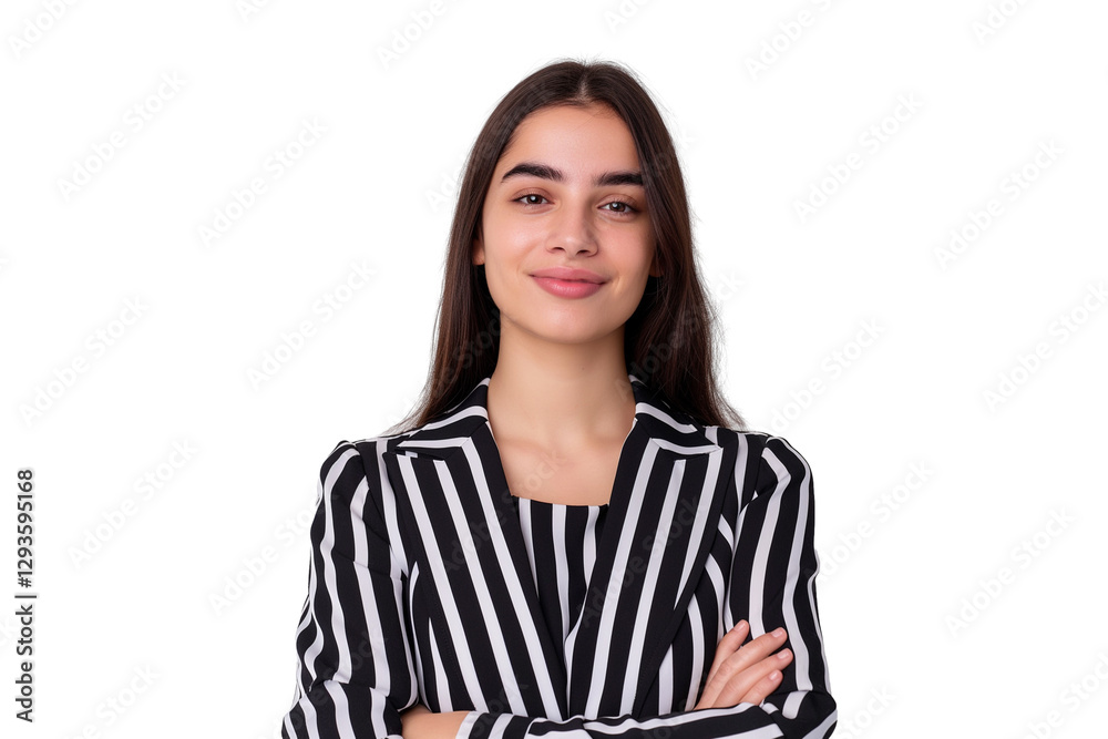 Energetic young Latina e-commerce manager in striped dress isolated on transparent white background Energetic young Latina e-commerce manager in striped dress isolated on transparent white background