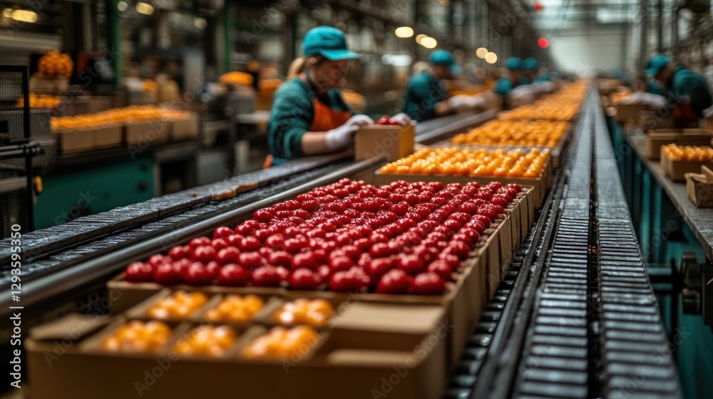 Obraz premium Workers packing tomatoes and oranges on factory conveyor belt