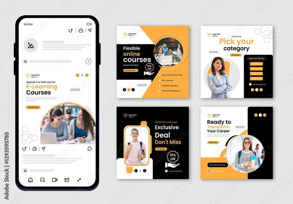 Elearning Courses Social Media Post Layout Set Stock Template | Adobe Stock