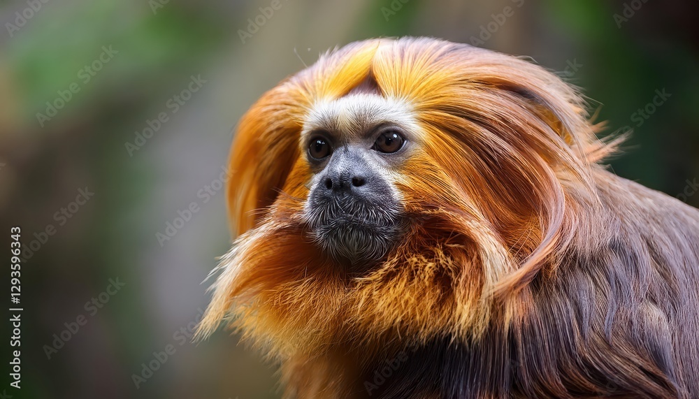 Fototapeta premium Striking Golden Lion Tamarin in Vibrant Rainforest Habitat, Showcasing Dynamic Interplay of Color and Texture in an Exotic South American Scene, Capturing the Agile Grace of this Rare