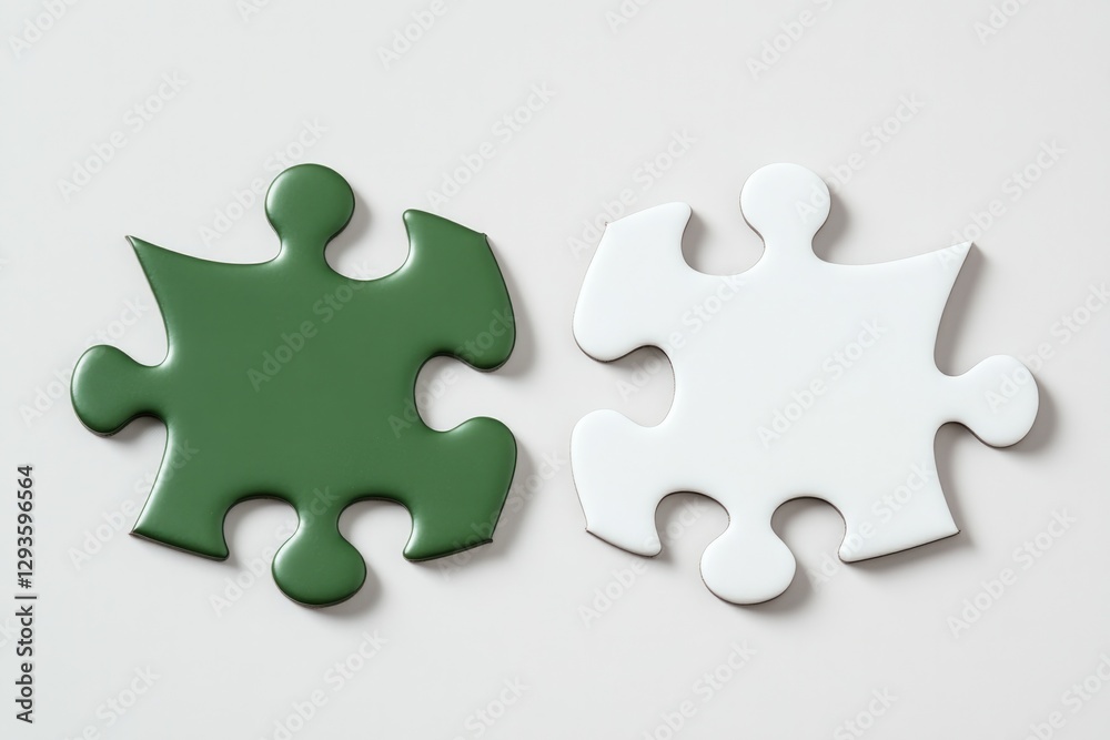 Two puzzle pieces, one green and one white, symbolize connection Two puzzle pieces, one green and one white, symbolize connection