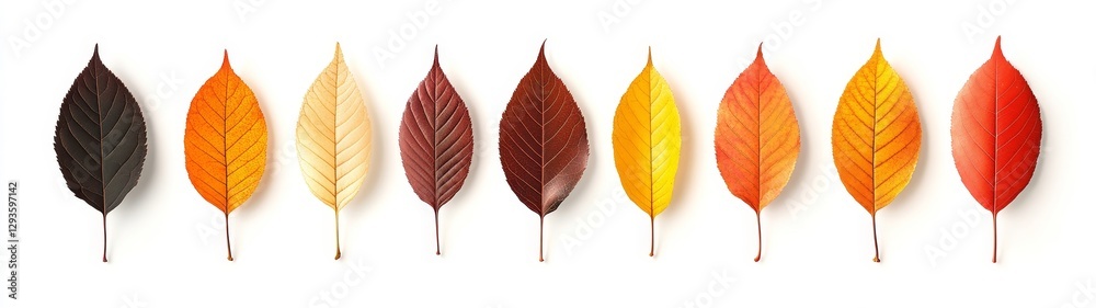 Fototapeta premium Colorful Autumn Leaves in a Row on a White Background Displaying Variety