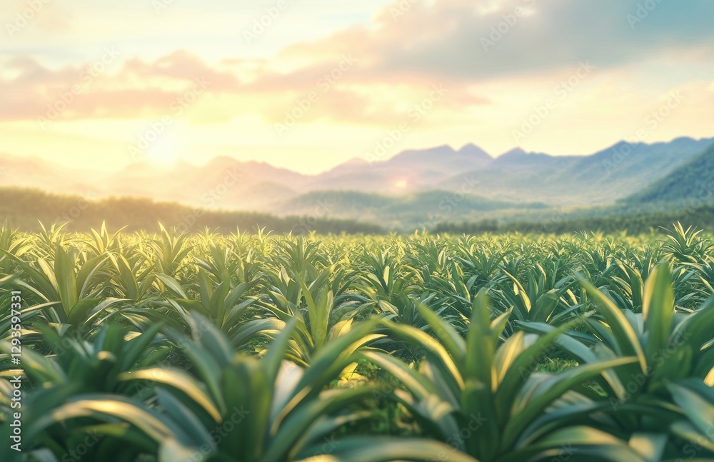 Pineapple farm background with blue sky and mountains in the distance, fresh pineapples on a green field for product display, Pineapple farm background with blue sky and mountains in the distance, fresh pineapples on a green field for product display,