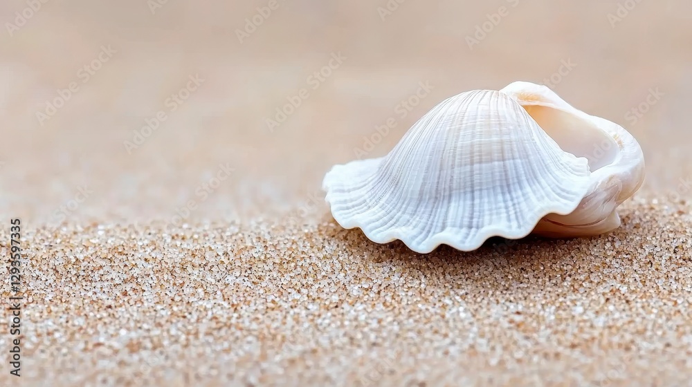 Delicate Sea Shell Resting on Sandy Beach Shoreline, Natural Beauty Delicate Sea Shell Resting on Sandy Beach Shoreline, Natural Beauty