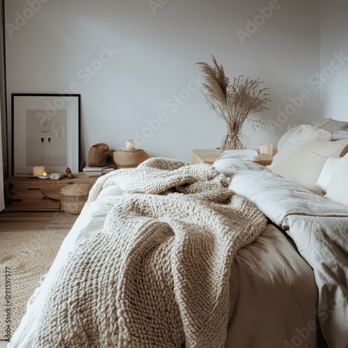 A cozy bed with a handknitted blanket and decor photo