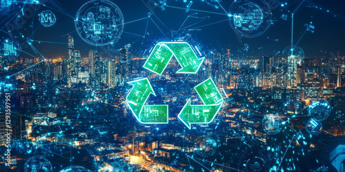 A futuristic AI-driven intelligent waste management system, displaying glowing cybernetic automated recycling pathways, pulsating holographic resource recovery optimization grids, and swirling quantum