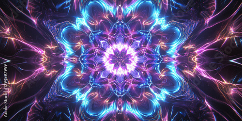 A visually striking abstract background featuring intricate concentric waves of glowing light, dynamically pulsating with neon blue and purple hues. The fluid cybernetic patterns evoke a futuristic