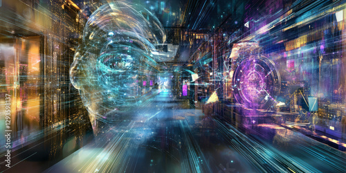 A futuristic AI-driven virtual reality simulation system, displaying glowing cybernetic immersive interface pathways, pulsating holographic user interaction grids, and swirling quantum-enhanced
