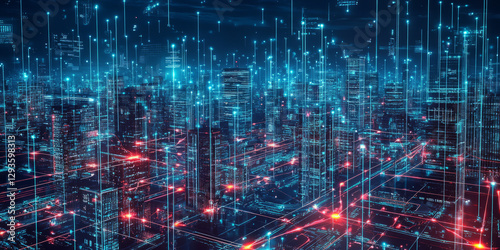 A futuristic smart city network, featuring interconnected glowing AI-powered skyscrapers, cybernetic energy highways, and pulsating holographic neural pathways. The high-tech abstract background