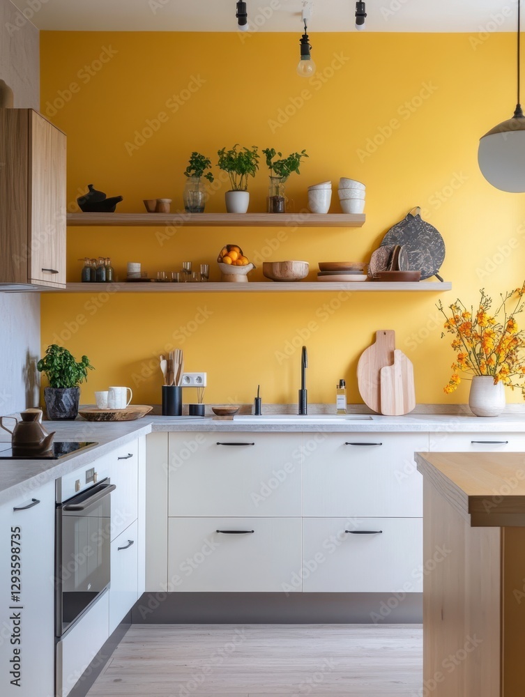 Fototapeta premium A modern bright kitchen with open shelves and yellow wall