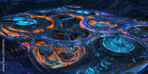 A mesmerizing futuristic AI-driven planetary colonization concept, displaying glowing cybernetic extraterrestrial infrastructure pathways, pulsating holographic terraforming networks, and swirling