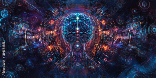 A futuristic AI-driven next-gen human brain preservation technology, displaying glowing cybernetic cryogenic neuro-storage pathways, pulsating holographic consciousness transfer grids, and swirling