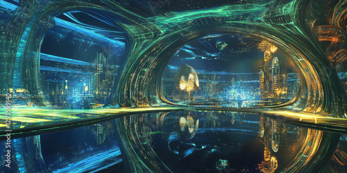 A futuristic AI-driven underground smart city, displaying glowing cybernetic self-sustaining urban infrastructure pathways, pulsating holographic energy-efficient design grids, and swirling