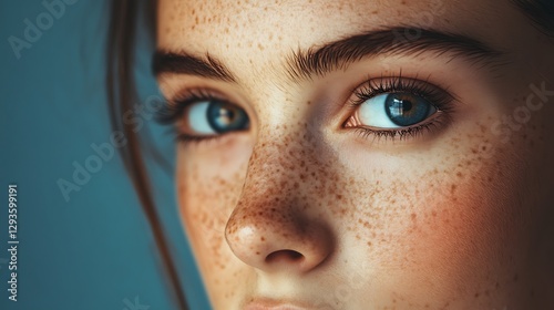 Close-up portrait of a woman with beautiful blue eyes and freckles on her face against a plain blue background photo