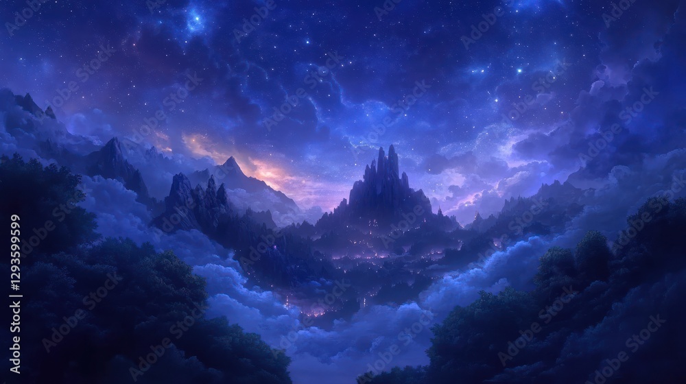 Naklejka premium Fantasy city on a starry mountain