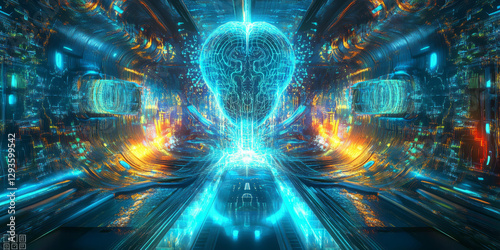 A glowing futuristic AI-driven neural prosthetics lab, displaying cybernetic brain-machine interface pathways, pulsating holographic cognitive augmentation grids, and swirling quantum-enhanced neural