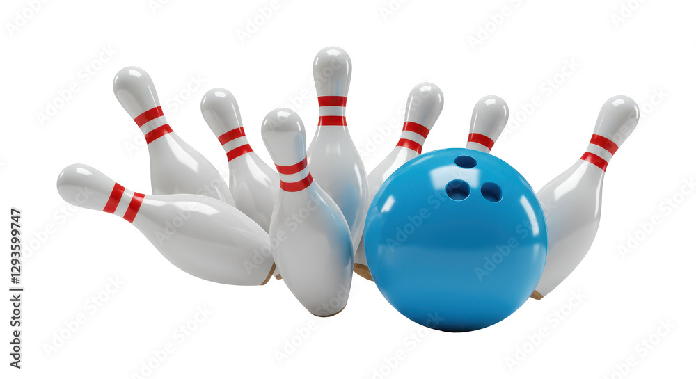 Bowling strike concept. Blue Bowling Ball hits bowling pins. Bowling strike concept. Blue Bowling Ball hits bowling pins.