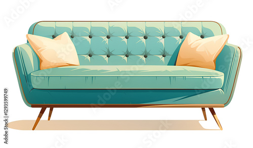 Retro Chic: A Comfortable Teal Sofa with Soft Cushions