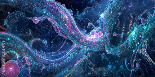 A mesmerizing futuristic AI-driven autonomous underwater habitat, displaying glowing cybernetic self-sustaining oceanic ecosystem pathways, pulsating holographic real-time marine life support grids,