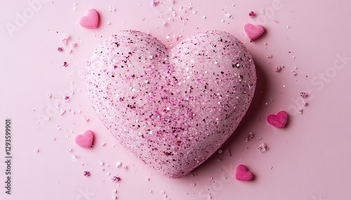 A large sparkling heart surrounded by small pink hearts