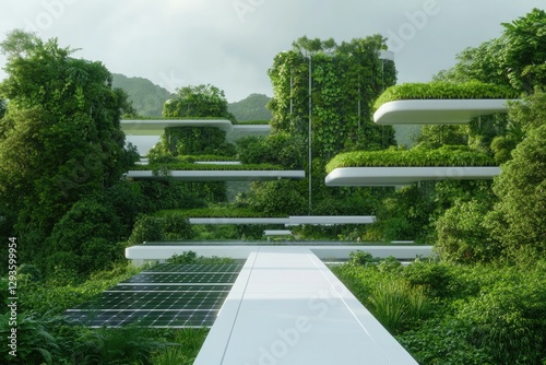 Futuristic eco-city blends seamlessly with nature, showcasing gr