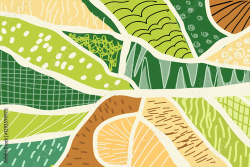 Agriculture field pattern, aerial view. Countryside grassland, farm land from top. Hand drawn farmland patches, padded mosaic country background, natural patchwork texture. Hand drawn vector art.