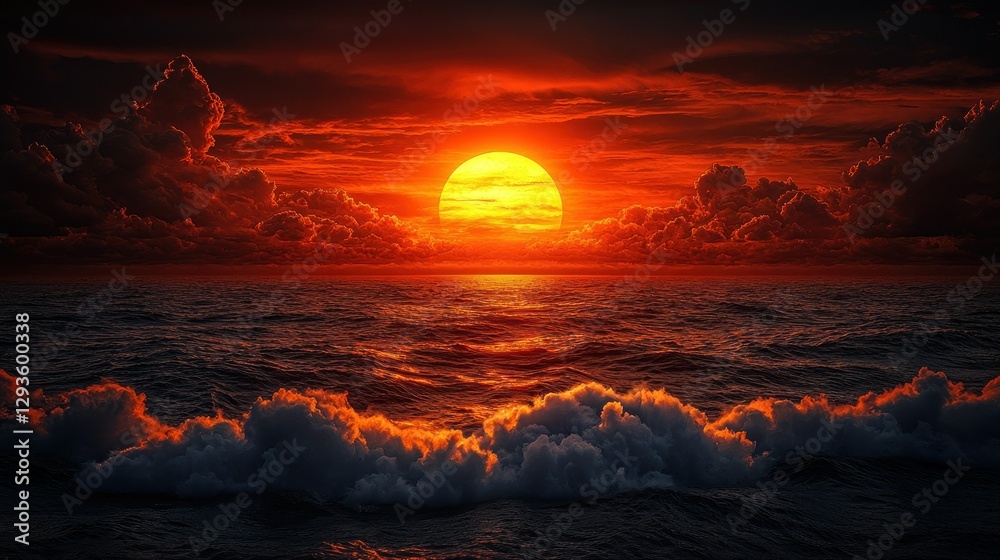 Fototapeta premium Fiery Sunset Over Turbulent Sea