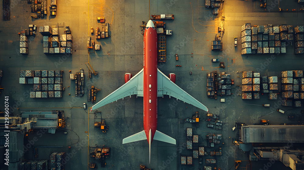 Cargo Airport: A striking aerial view of a commercial airplane, painted in vibrant red, sits amidst a vast cargo terminal, surrounded by rows of shipping containers and busy ground vehicles.