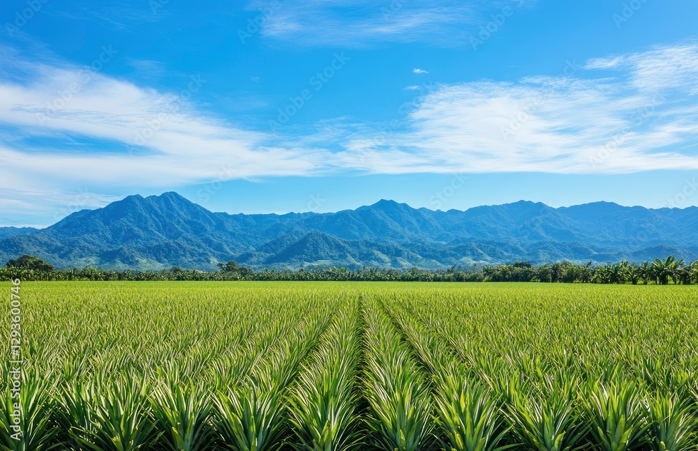 Pineapple farm background with blue sky and mountains in the distance, fresh pineapples on a green field for product display, Pineapple farm background with blue sky and mountains in the distance, fresh pineapples on a green field for product display,