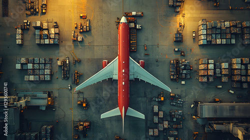 Cargo Airport: A striking aerial view of a commercial airplane, painted in vibrant red, sits amidst a vast cargo terminal, surrounded by rows of shipping containers and busy ground vehicles.