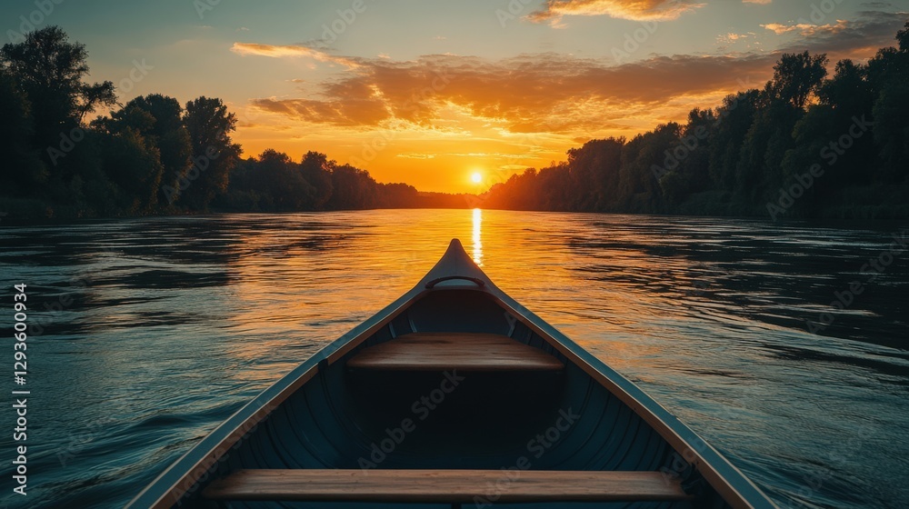 Fototapeta premium A Serene Canoe Journey at Sunset: A Tranquil Evening Paddle on the Calm River Reflecting Warm Hues of the Setting Sun Among Lush Trees