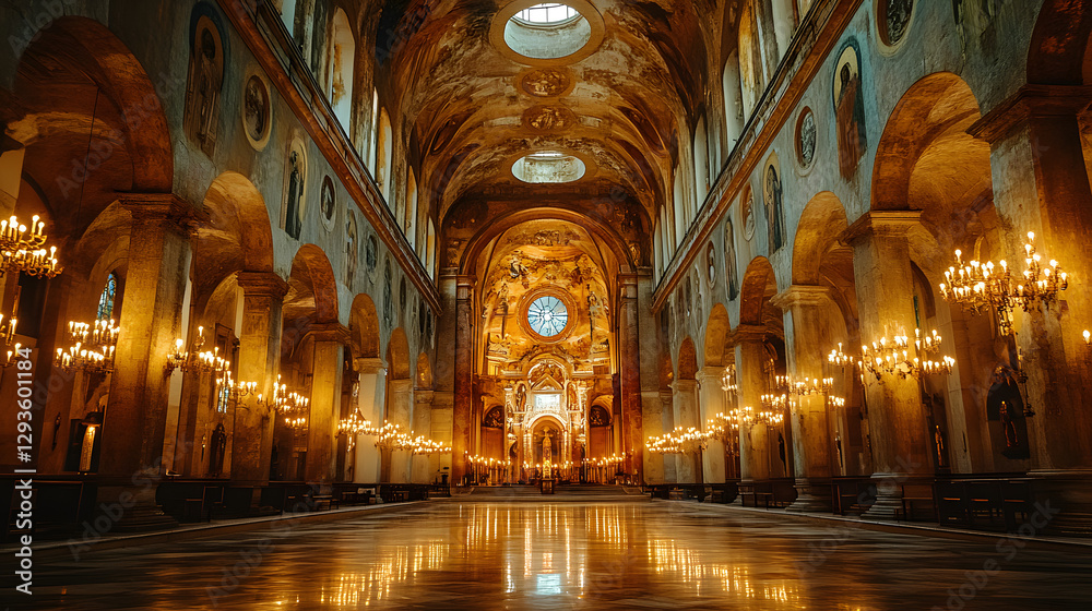 Obraz premium Grandeur of the Basilica Interior: A captivating wide shot reveals the majestic interior of a basilica, with ornate architecture, soaring arches, and soft light.