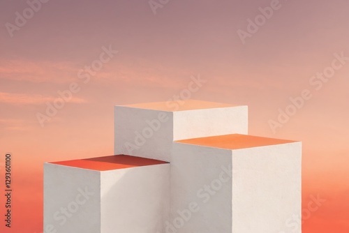 Three-tiered white podium with red and orange tops photo