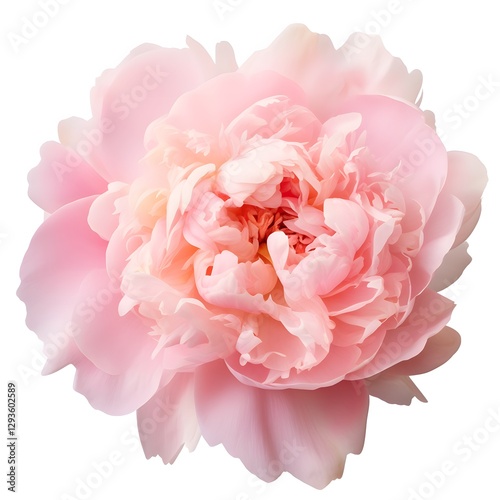 Soft pink peony flower with lush, ruffled petals, isolated on a plain white background.
