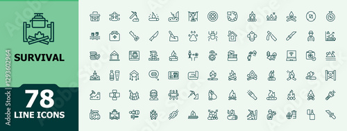 Survival icon pack. Contains linear outline icons like rescue, weapon, water, kit, camp and more. Thin UI icon design. Outline icons collection. Minimalist editable vector stroke.