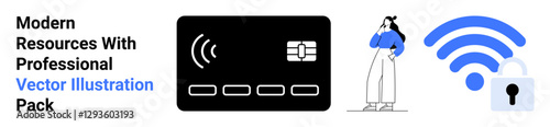 Credit card with contactless payment symbol, thoughtful woman, wireless icon with lock. Ideal for tech, finance, security, digital transformation, banking, online shopping flat landing page banner