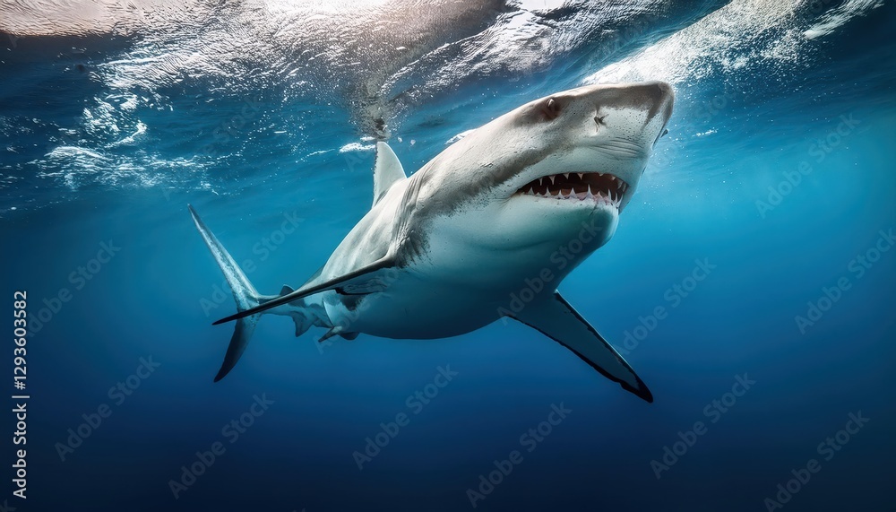 Naklejka premium Great White Shark Underwater at Twilight, Majestic Predator Swimming Gracefully Amidst BlueGreen Abysmal Depths, Capturing the Enigmatic Beauty and Power of the Oceans Apex Predator.