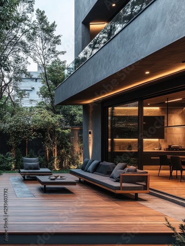 Modern outdoor space with seating and wooden decking for a luxurious outdoor