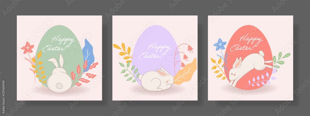 Easter set. Bunny sitting with back turned, green egg, decorative leaves, blooming flowers, gentle spring colors, delicate festive composition, Easter greeting, soft artistic style Easter set. Bunny sitting with back turned, green egg, decorative leaves, blooming flowers, gentle spring colors, delicate festive composition, Easter greeting, soft artistic style