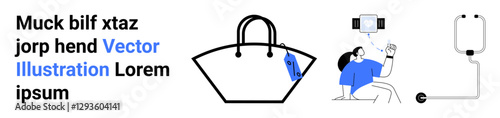 Black handbag with a blue tag, a patient using technology while connected to an IV drip, and a digital touch. Ideal for retail, healthcare, modern tech, lifestyle, wellness, shopping flat landing