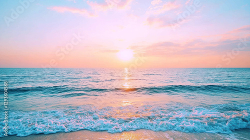 Fototapeta Naklejka Na Ścianę i Meble -  Soft pink sunset over serene beach with pastel hues reflecting on water, creating tranquil atmosphere