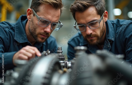 Two engineers carefully inspect aircraft engine components in workshop. Shot emphasizes detailed work, technical expertise in aerospace engineering. Manufacturing, repair, technology, workshop,