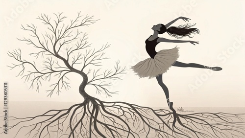 Mysterious silhouette of a ballerina standing on pointe among tree roots, with a stark tree in the distance, creating a metaphorical image of rootedness and resilience photo