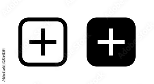 Add button icon on black square. Plus sign symbol