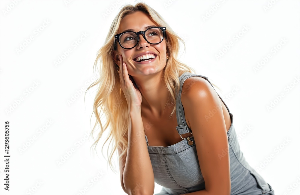 Cheerful blond woman in glasses, casual overall smiles widely posing. Attractive model touches hair, leans head with adorable expression, looks happily on transparent background. Positive vibes. Cheerful blond woman in glasses, casual overall smiles widely posing. Attractive model touches hair, leans head with adorable expression, looks happily on transparent background. Positive vibes.