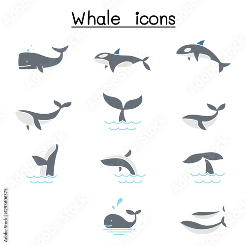 Whale icon set in thin line style