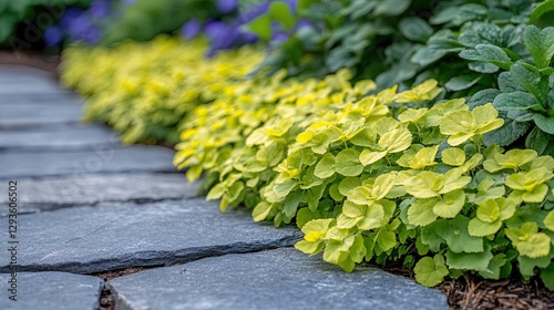 Creeping Jenny with Bright Green Leaves Spreading Along Garden Paths  Ideal for Ground Cover  capturing the natural beauty of creeping jenny in gardens and landscapes